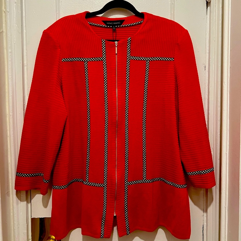 MING WANG Gingham Trim Knit Sweater Jacket NWOT, Large